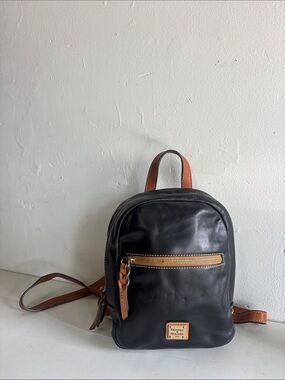Pebble Grain Small Ronnie Black Leather Backpack with Tan Accents